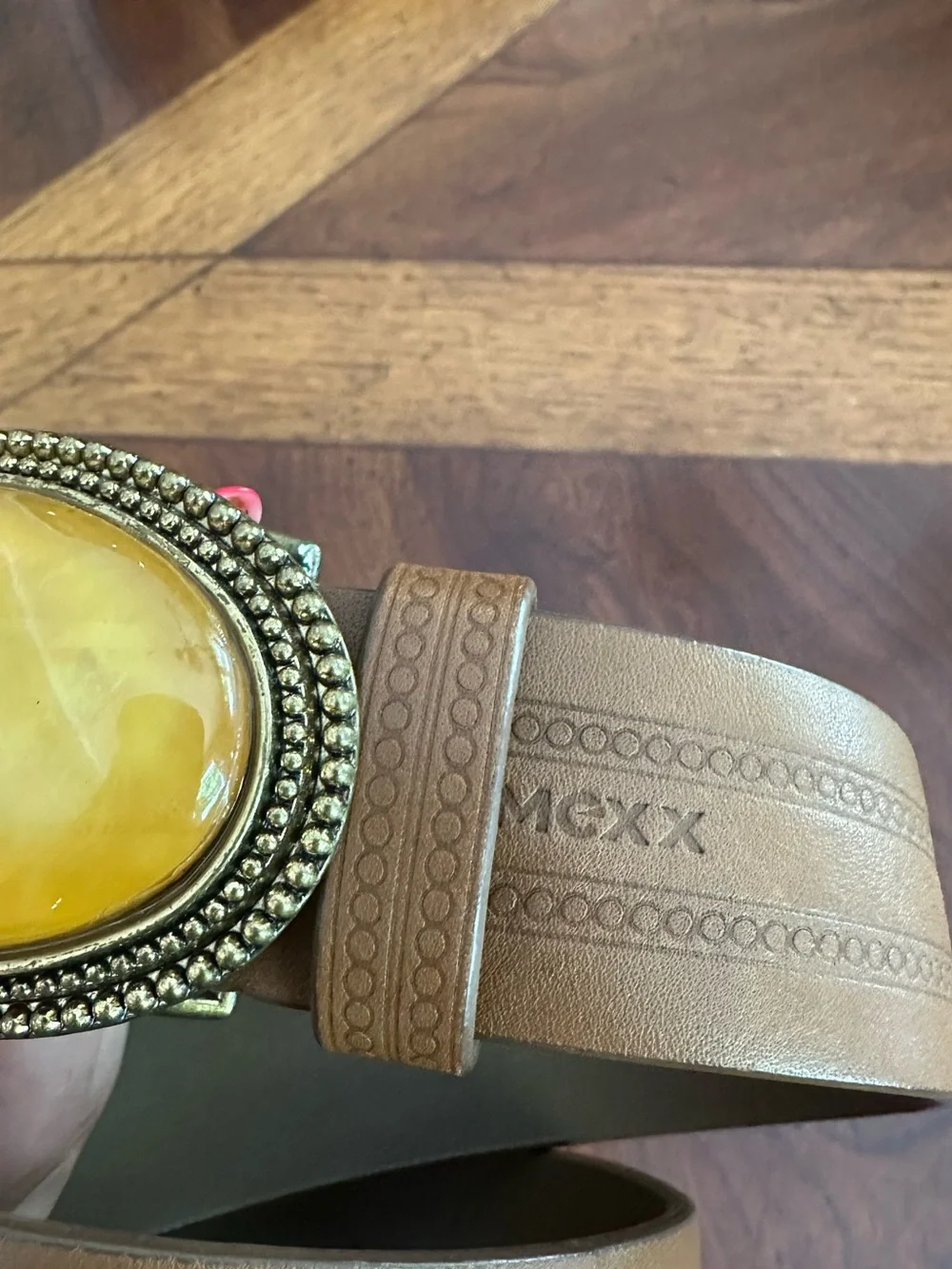 Wide Leather Belt w/ Amber Stone Buckle‎ Boho Large